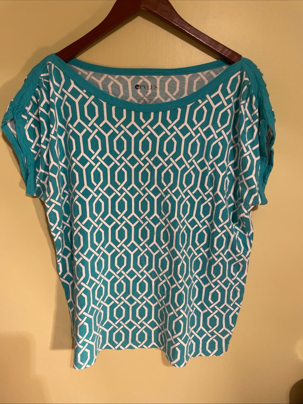 Women’s Stylus Teal and White Geometric Short-Sleeve Top SZ XL